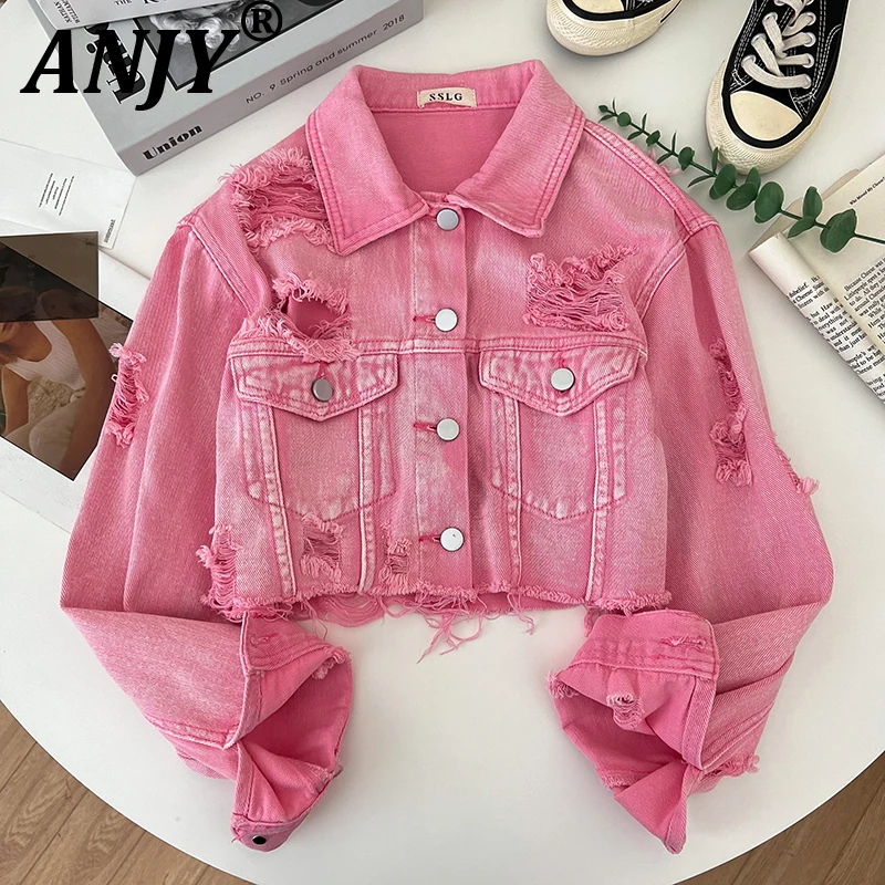 

ANJY Autumn Winter New Women Casual Fashion RIpped Versatile Single-Breasted Denim Short Jacket Street Chc Ins Tide Coats A17553