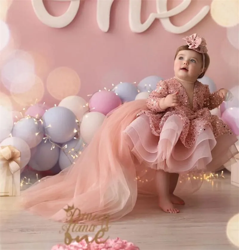 

Glitter Sequined Flower Girl Dress Shiny Baby Gown for Girls Puffy Organza Baby Birthday Dress Girl with Detachable Train