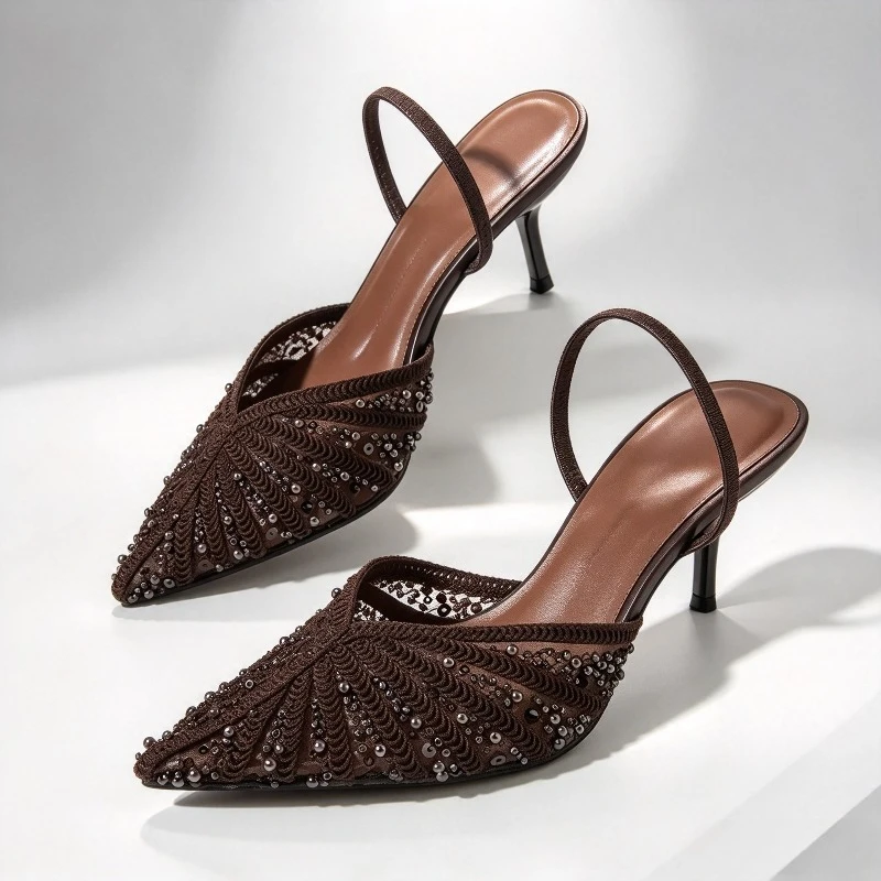 Weave Mesh String Beads Women High Heels Summer 2026 Slingback Pointed Toe Mules Style Design Sandals for Women Tacones De Mujer