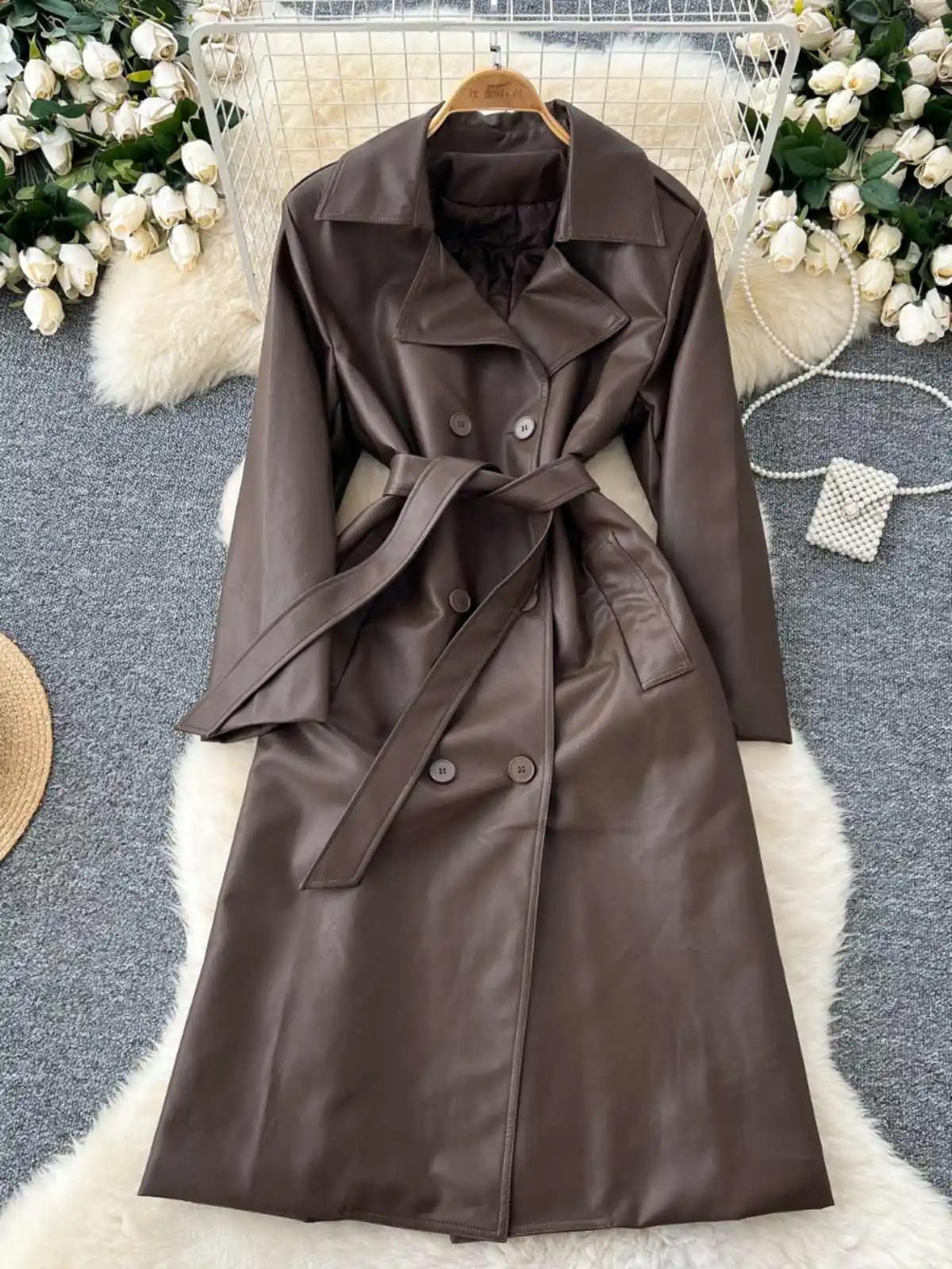 Vintage Leather Trench Coat Women Autumn New Double Breasted Turn-down Collar Long Coats Solid Color Lady Overcoat Streetwear