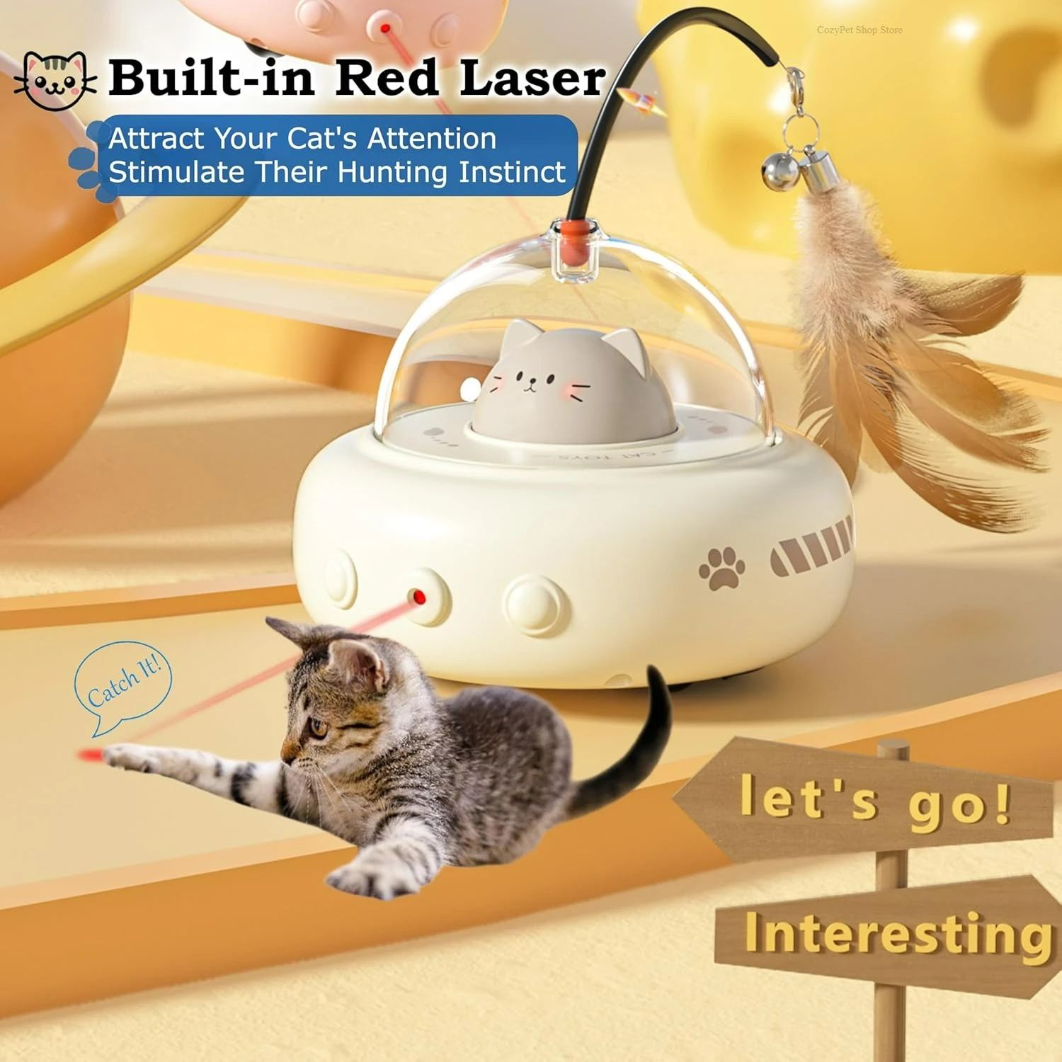 

UFO Laser Cat Toy with Feather, Automatic Interactive Toy for Cats & Small Dogs, Rechargeable & Obstacle Avoidance
