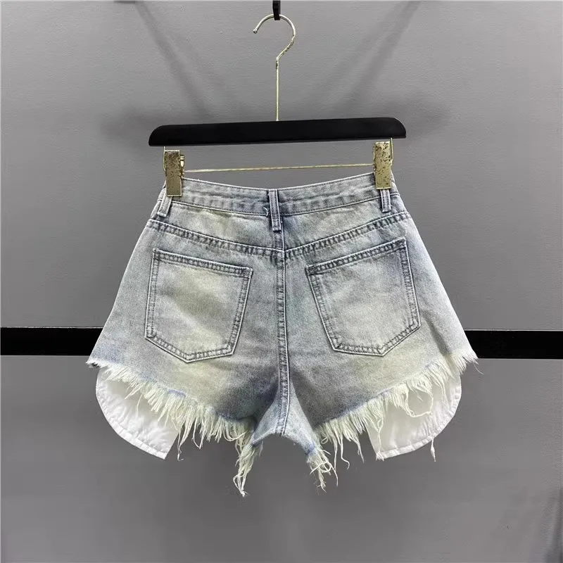 Jeans coreano vintage azul sexy rasgado para mulheres, shorts jeans ultra de cintura alta de patchwork a linha