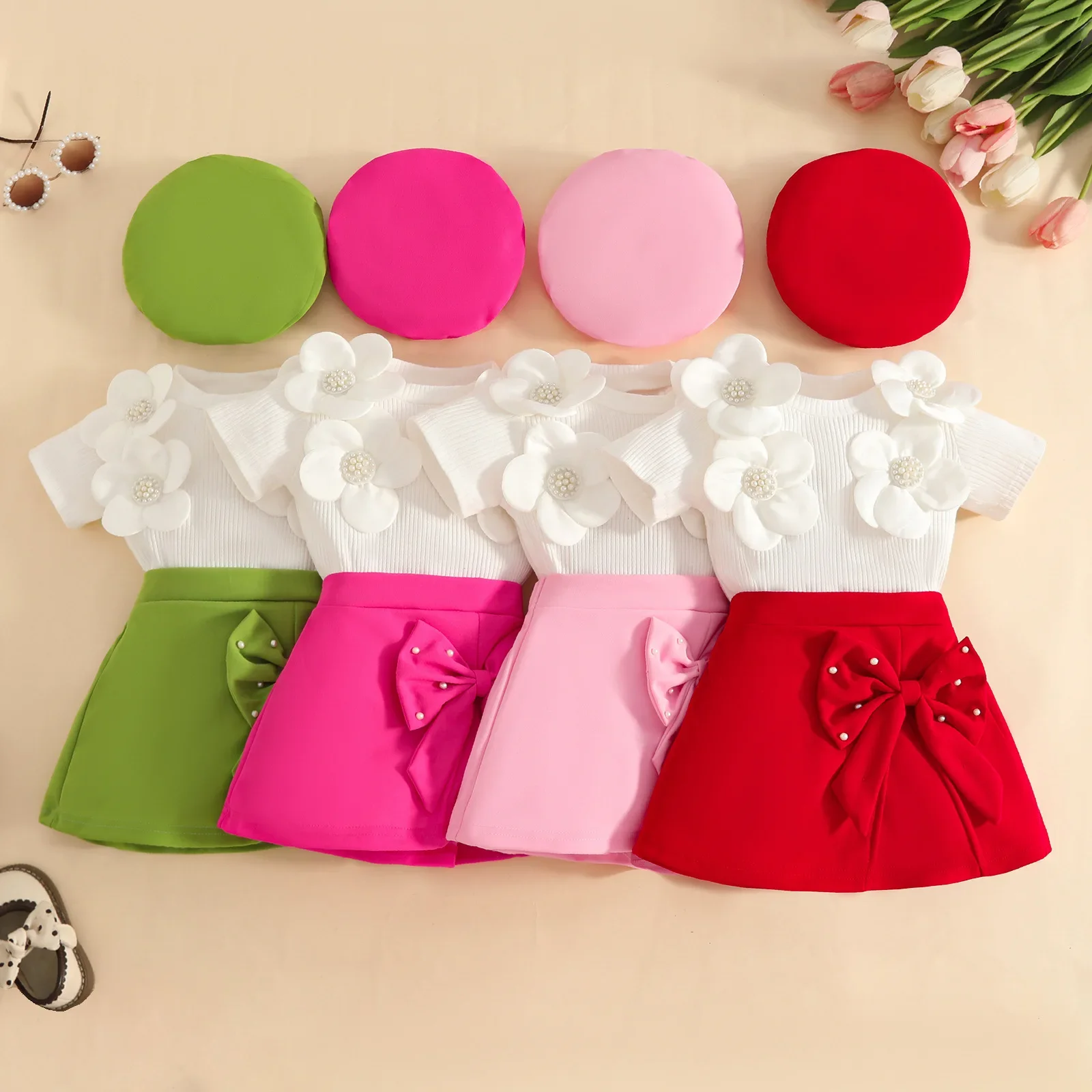 

Комплект из 3 предметов для девочек с 3D юбкой с цветочным принтом и бантом, летний топ с короткими рукавами, берет, одинаковый наряд, модная детская одежда