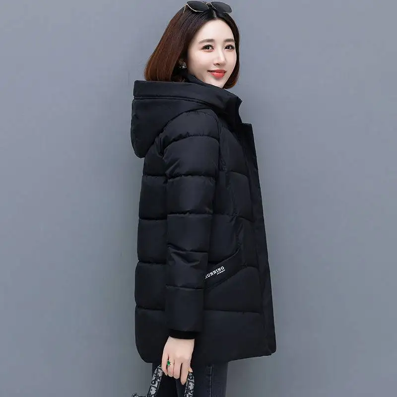 New Snow Wear Hooded Mid Length Down Cotton Coat Women\'s Loose Thickened Warm Parkas Middle Aged Mother Winter Wadded Jacket