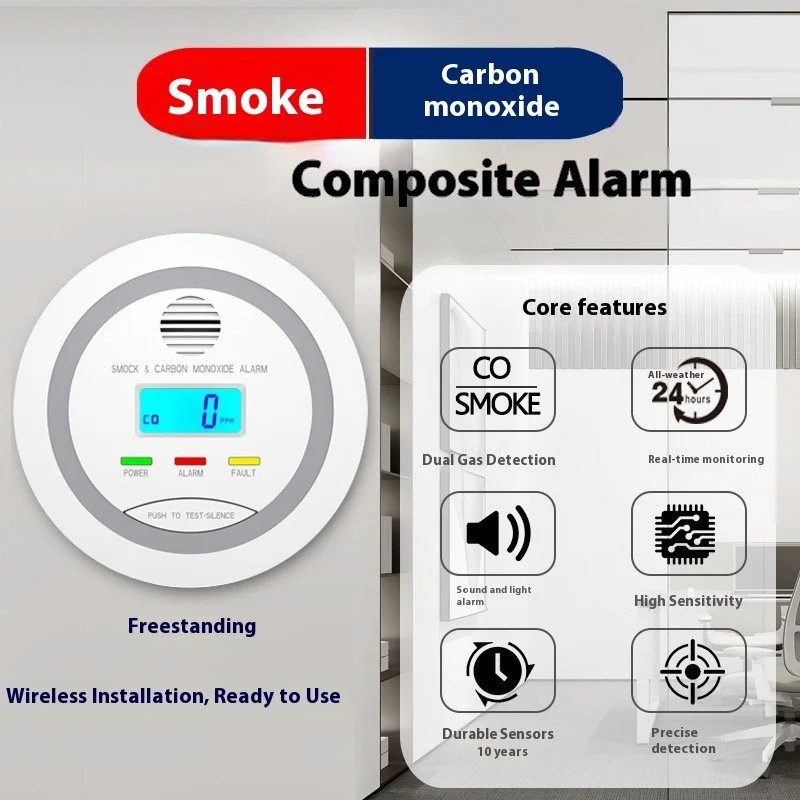 2 in 1 LCD Display CO and Smoke Alarm Detector, High Sensitivity Dual Sensor for Home Kitchen, 90dB Alarm