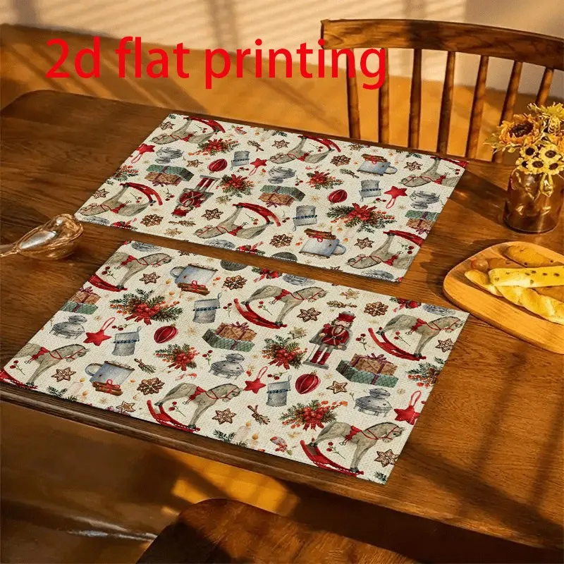 VIKAMA Christmas Linen Placemats, Watercolor Snowman On Bench Pine Forest, Absorbent Easy To Clean, Dining Room