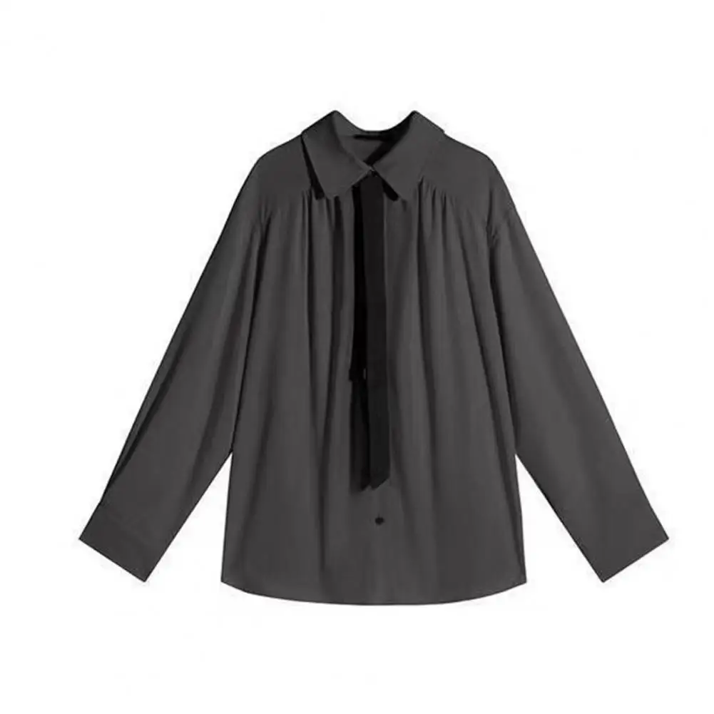 

Women Shirt with Tie Solid Color Long Sleeve Shirt with Lapel Tie Design for Office Party Wear Loose Fit Blouse