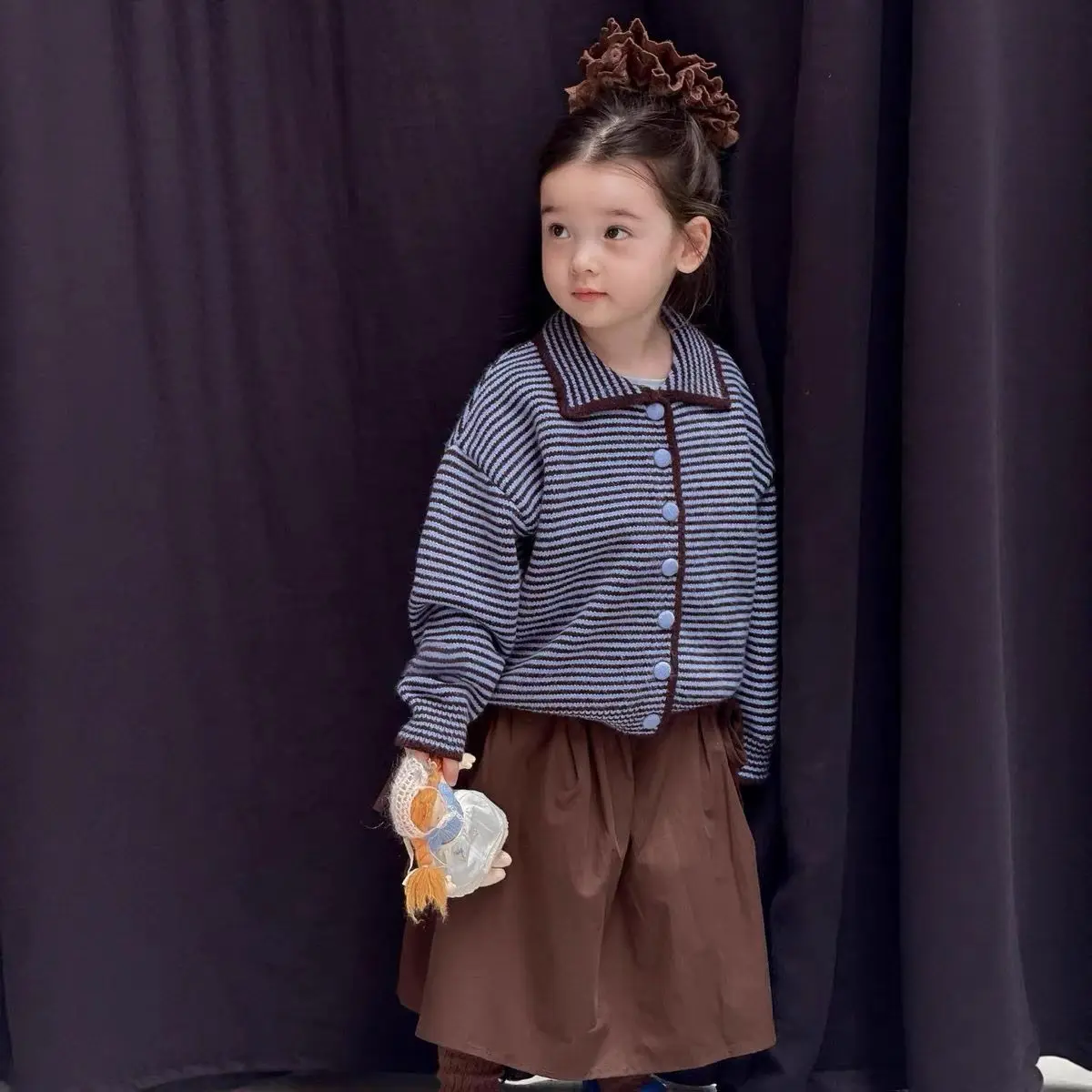 Girls Sweater Autumn 2025 New Korean Version of Children's Knitted Sweater Striped Cardigan Cute Outer