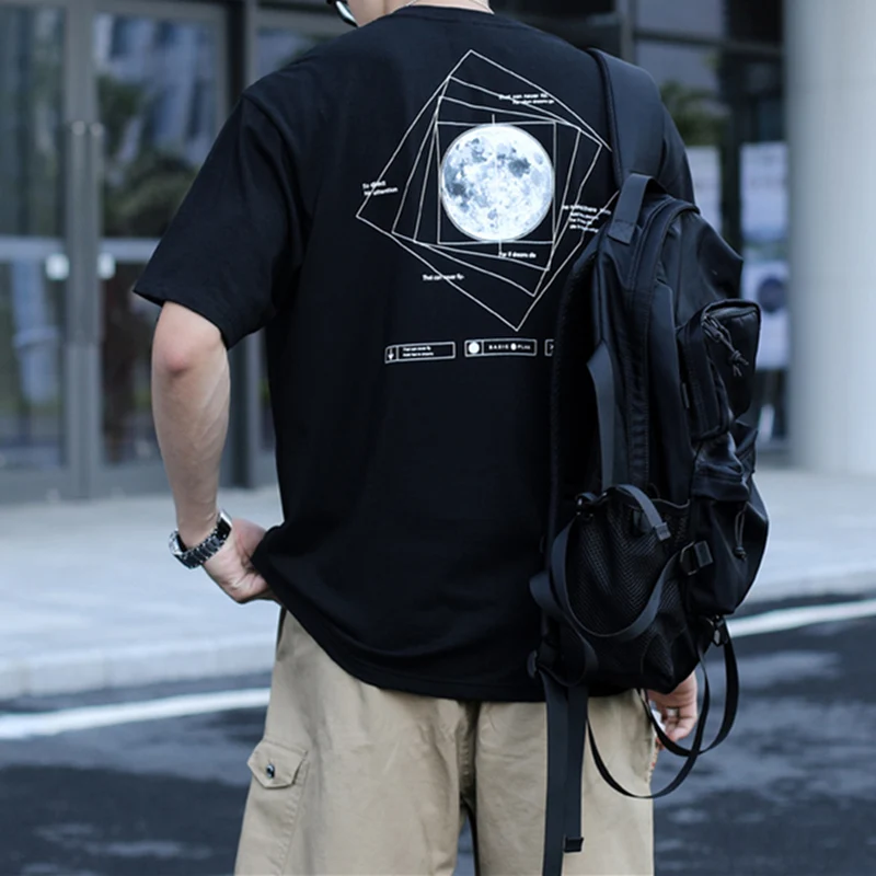 Summer Japanese Streetwear Moon Print Oversized T-Shirts Harajuku Loose Short Sleeve Top Men Korean Hip Hop Couple Clothes