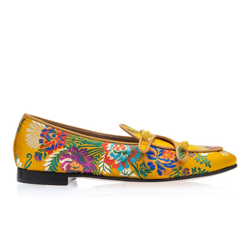 Multicolor Jacquard Canvas Loafers Yellow-Toned Men Shoes Matching Buttons Dress Shoes Double-Monk Floral Embroidery Casual Shoe