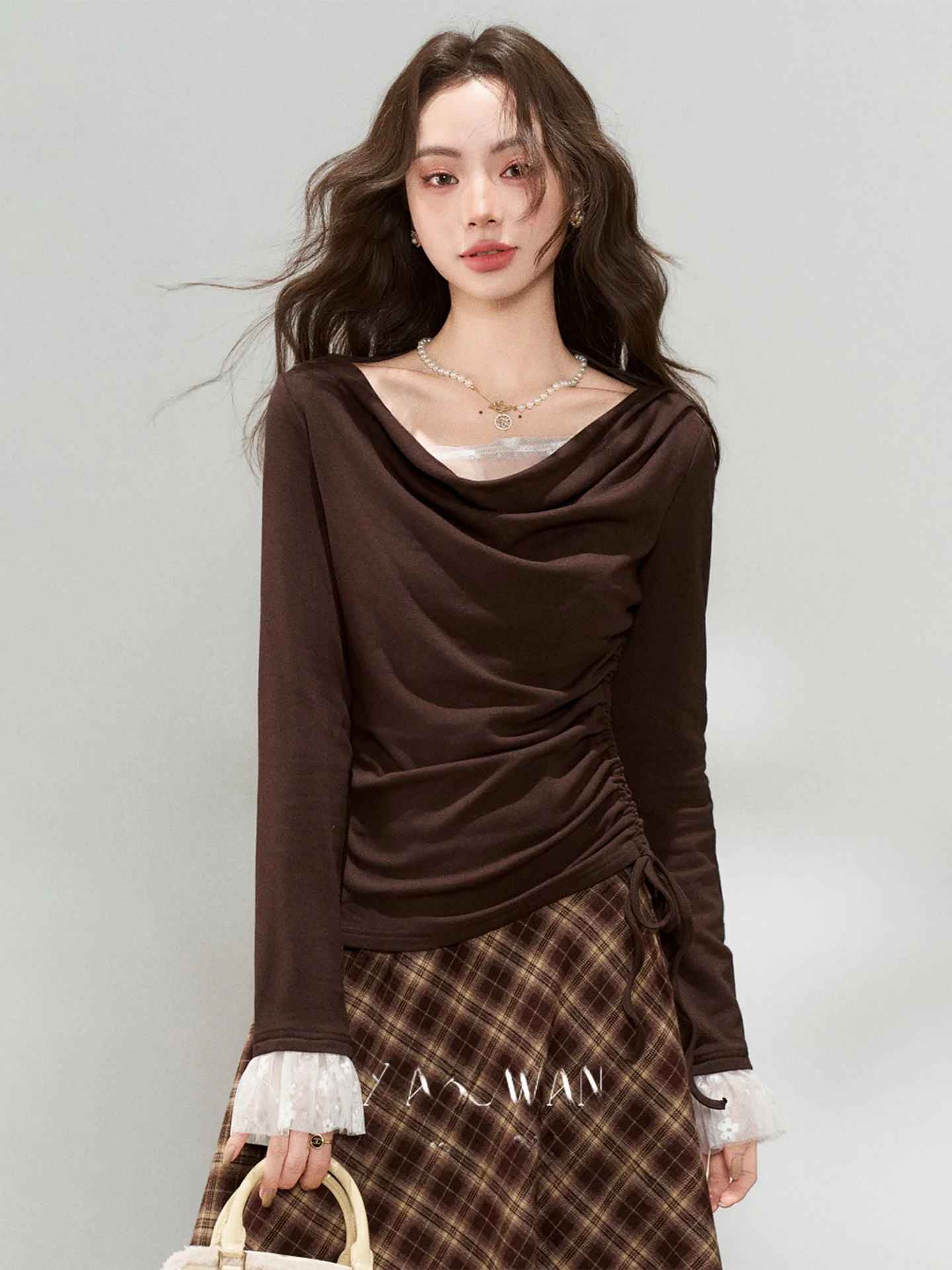 

Autumn New Sle Women's Knitted Lace Splicing Slimming Top Waist-Cut Outfit Long Sve Vintage Regular Fit Soft Fabric