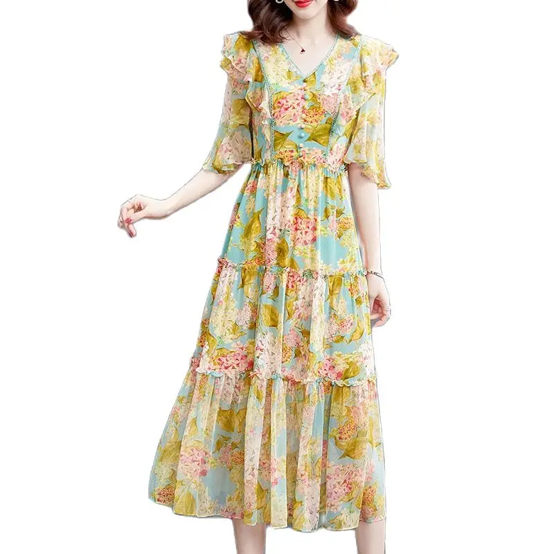 

High-end Chiffon Floral V-neck Dress 2023 Women's Summer New Fashion Loose Slim Design Sense Stitching Skirtwomens