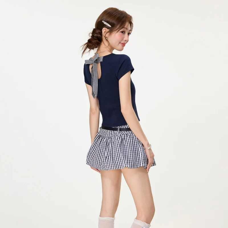 Back Hollowed Out Checkered Lace Up Bow Short Sleeved T-shirt for Women Summer New Fashionable Plaid Contrasting Color Short Top