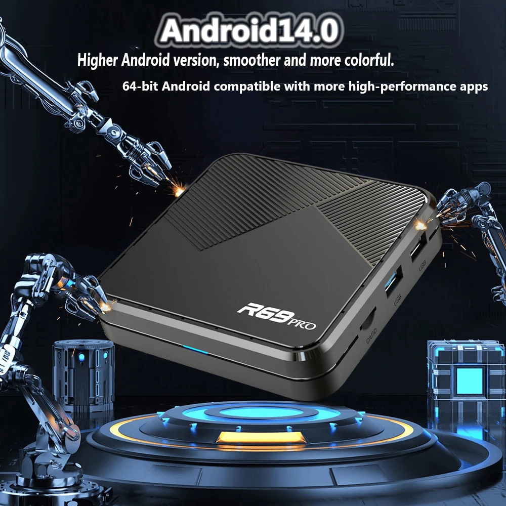 R69 PRO Allwinner H728 Android 14 TV Box CPU octa-core A55 GPU Mali G57 WiFi 6 8K activé par la voix Bluetooth BT5.0 + décodeur