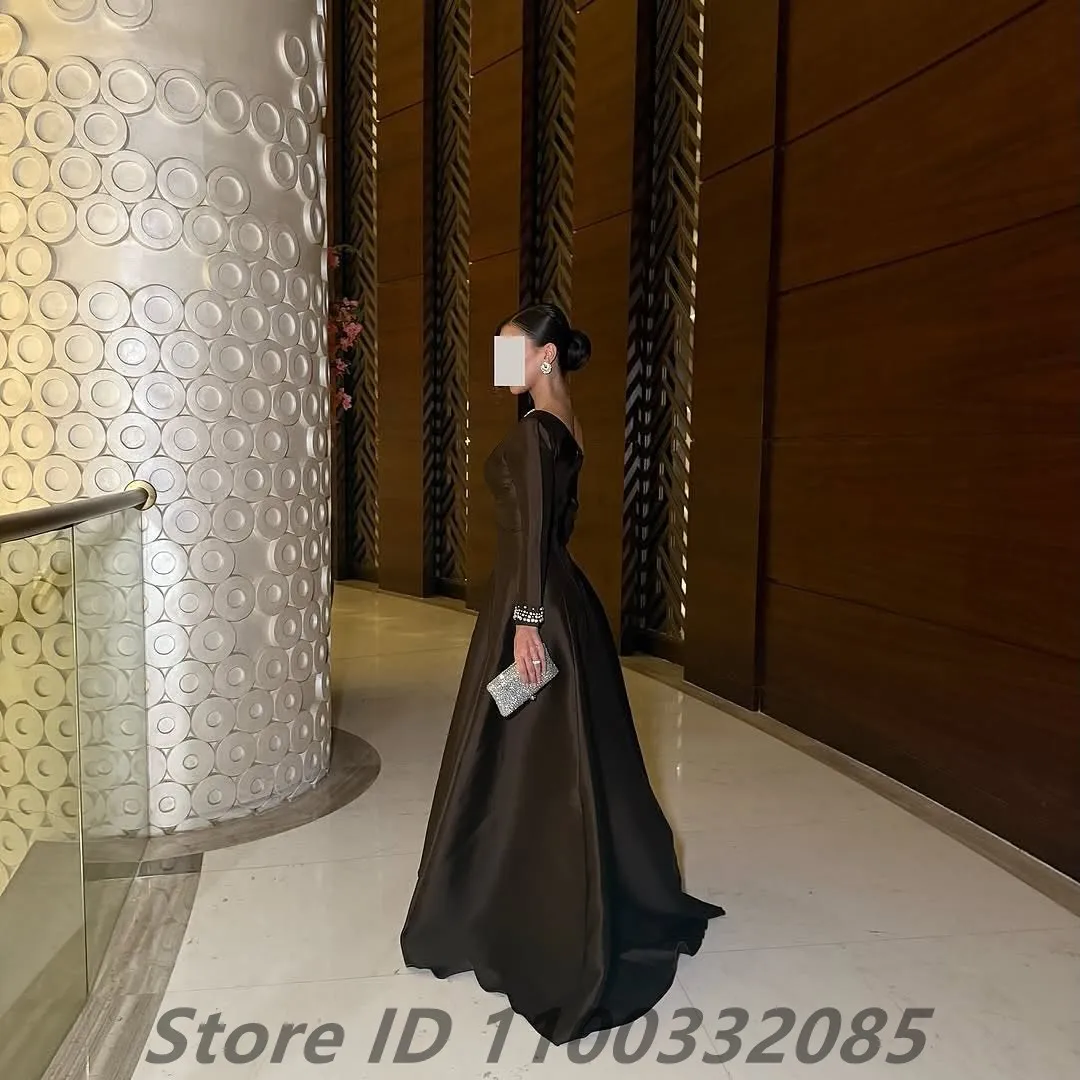 Eightale A Line Brown Satin Evening Dress For Wedding Party 2025 Long Sleeve Square Neck Prom Dress Arabic Party Gown Customized image 4