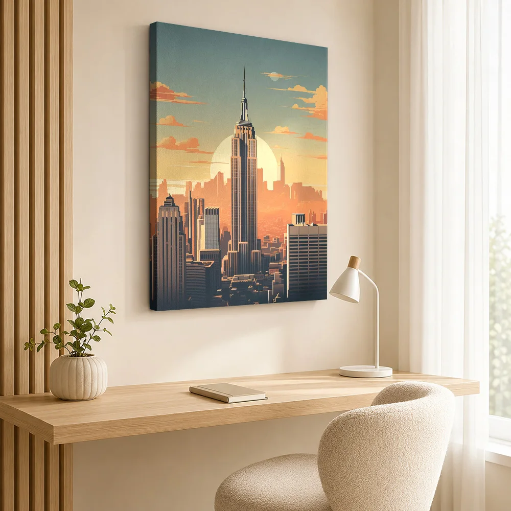 Empire State Building Sunset Wood Framed Canvas Poster Customized Photo Warm Architectural Illustration Wall Art For Living Room