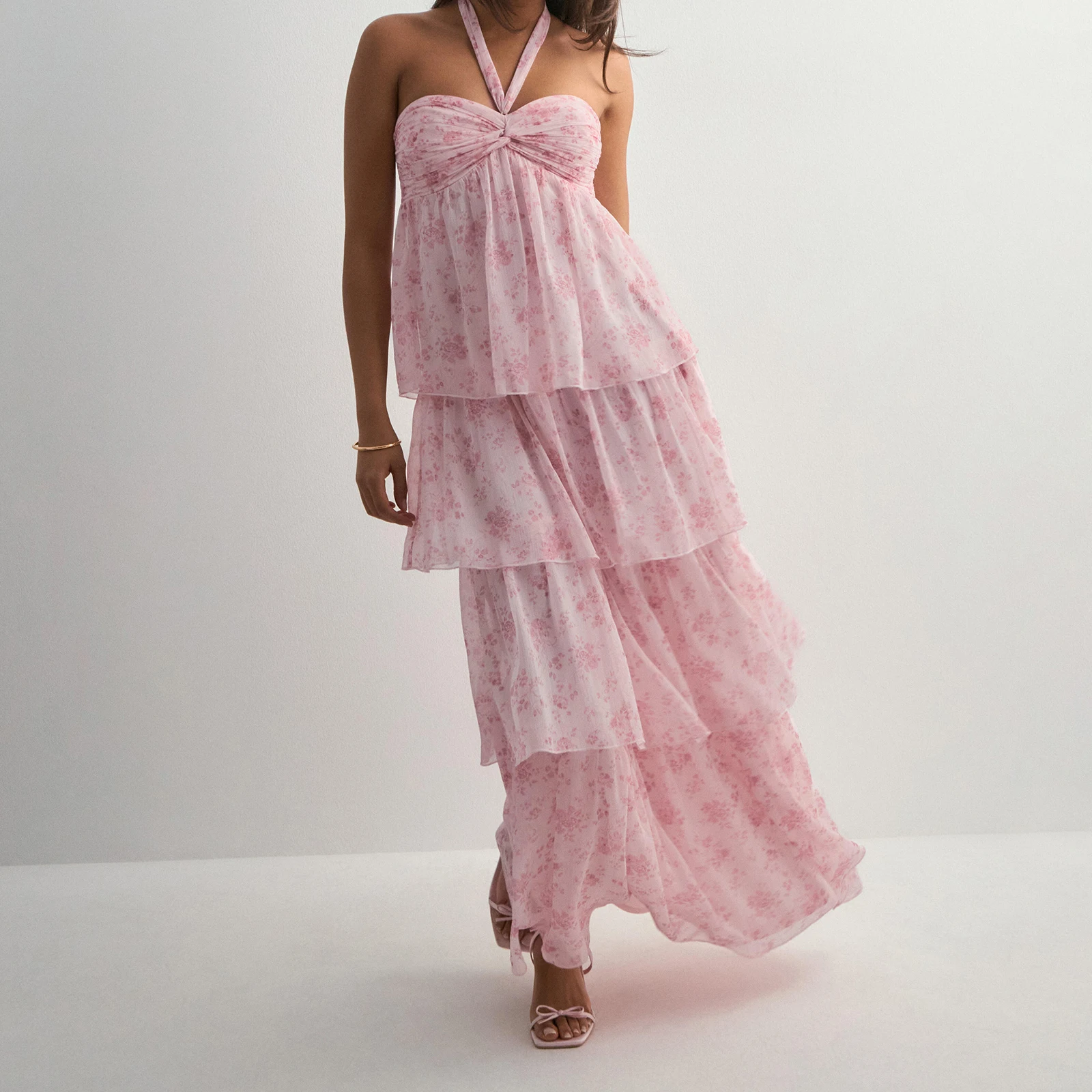 Vestido longo sem alças feminino moda sem mangas em camadas bainha tubo vestido de praia de verão