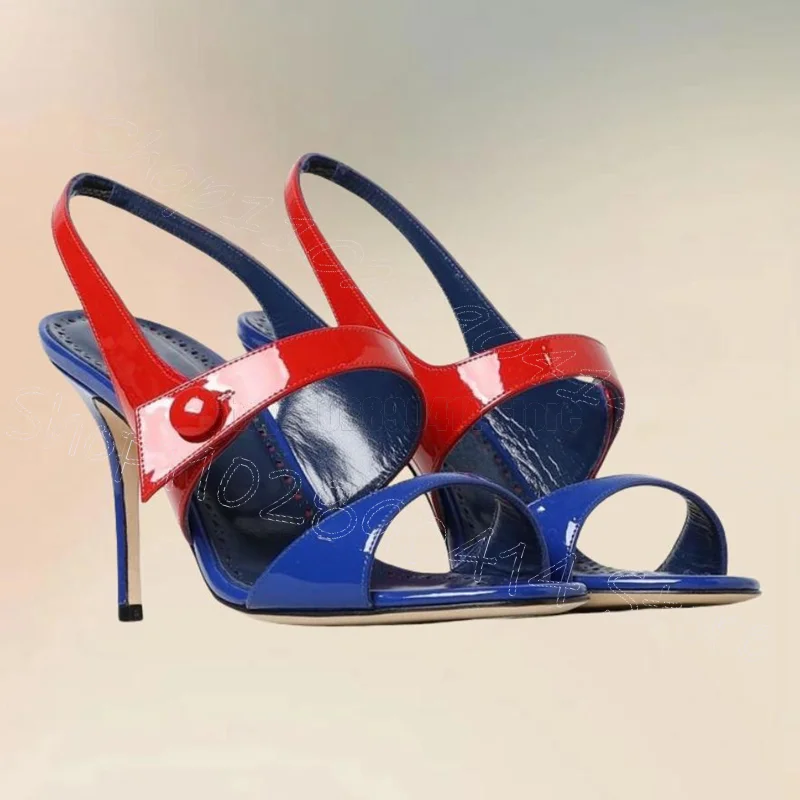 버튼 장식 레드 블루 에나멜 샌들 버튼 스트랩 여성 슈즈 얇은 하이힐 오픈토 데이트 2025 여성 신발