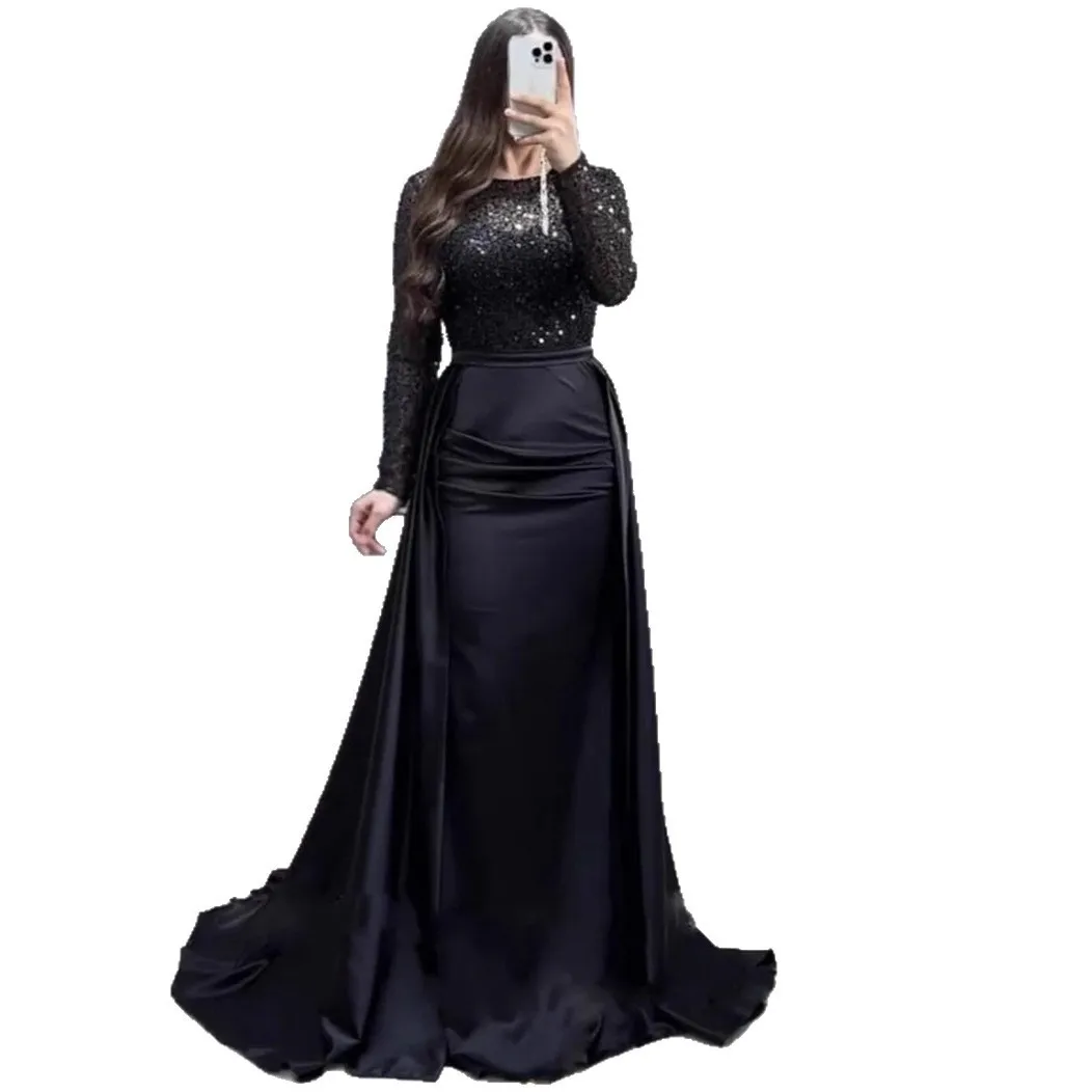 Sequin Sequined Gown with Pleated Dress in Princess Silhouette Mid Rise Waist for Women Ol Commuting Autumn Evening Dresses