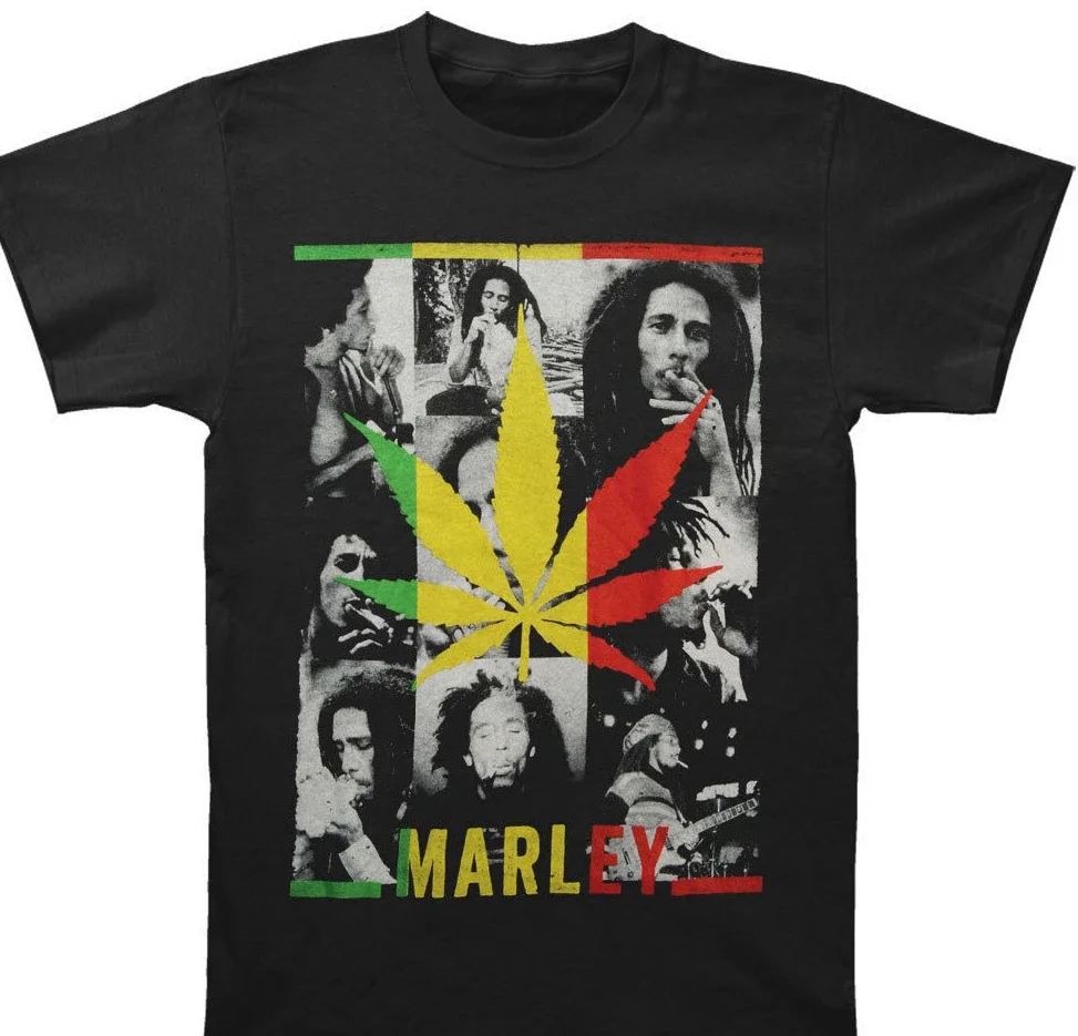 

100% Cotton Print Mens Summer O-Neck Bob Marley Men'S Smoking Leaf Collage T-Shirt Black