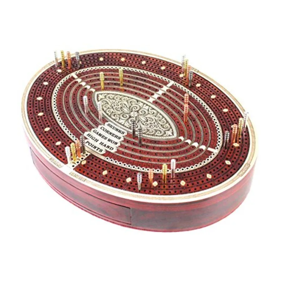 Tablero y caja de cribbage continuo de 4 pistas de forma ovalada en arce sanguíneo con lugar para rincones Skunks Won Games, mano alta y
