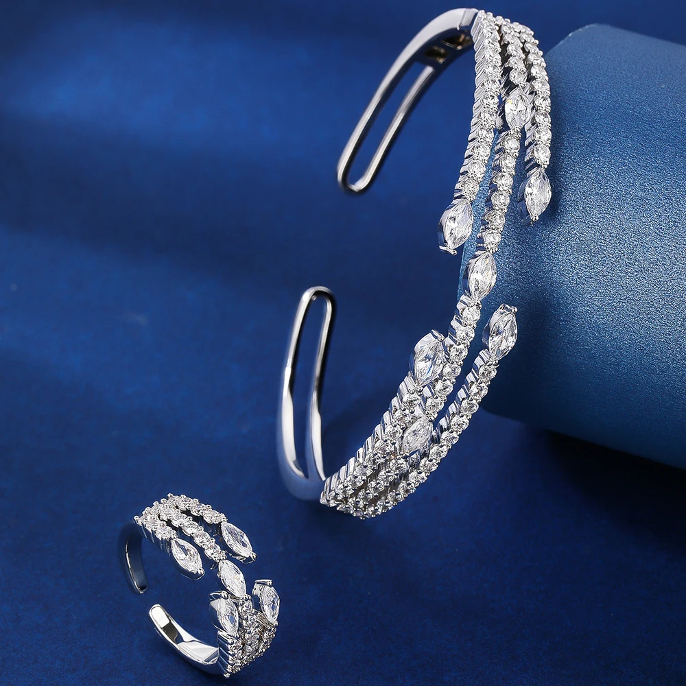 018822 Trendy Bangle Set For Women Cubic Zirconia  Jewelry Cuff Bangle Ring Dubai Wedding Party Engagement Hand Accessories