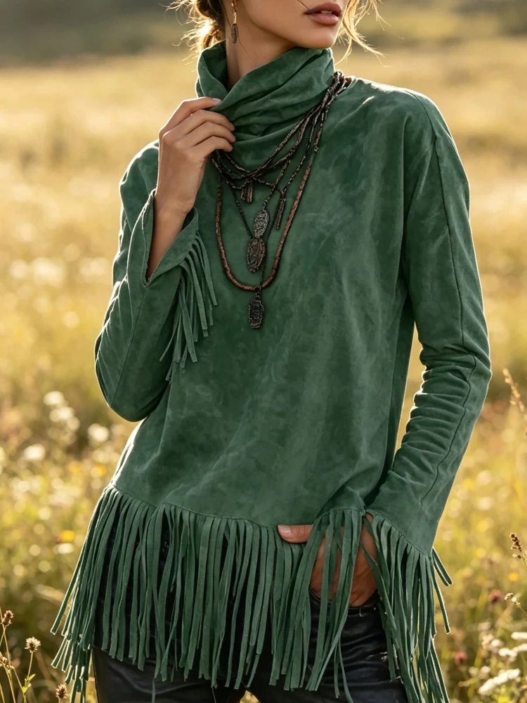 Women's Vintage Western Fringe Top High Cowl Neck Long Sleeve Suede Loose Fit Fringed Hem Fashion Outdoor Casual Pullover Shirt