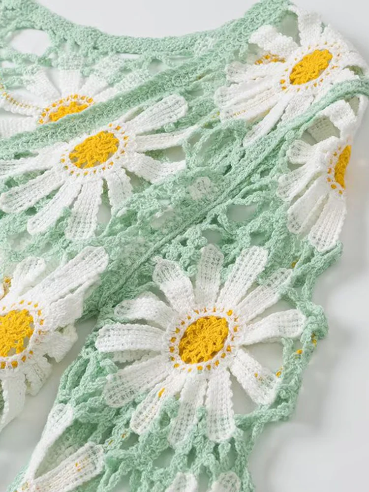 เสื้อผ้าผู้หญิงฤดูร้อนในยุโรปและอเมริกาหวานอเนกประสงค์เดซี่ถักคาร์ดิแกนกลวงลูกไม้ขึ้นเสื้อคาร์ดิแกนคอวี