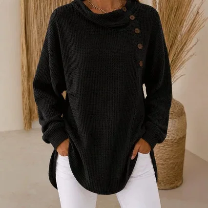 Women's Long Sleeve Top Crew Neck Side Button Decor Loose Fit Irregular Hem Versatile Commute Casual Daily Wear Pullover Blouse