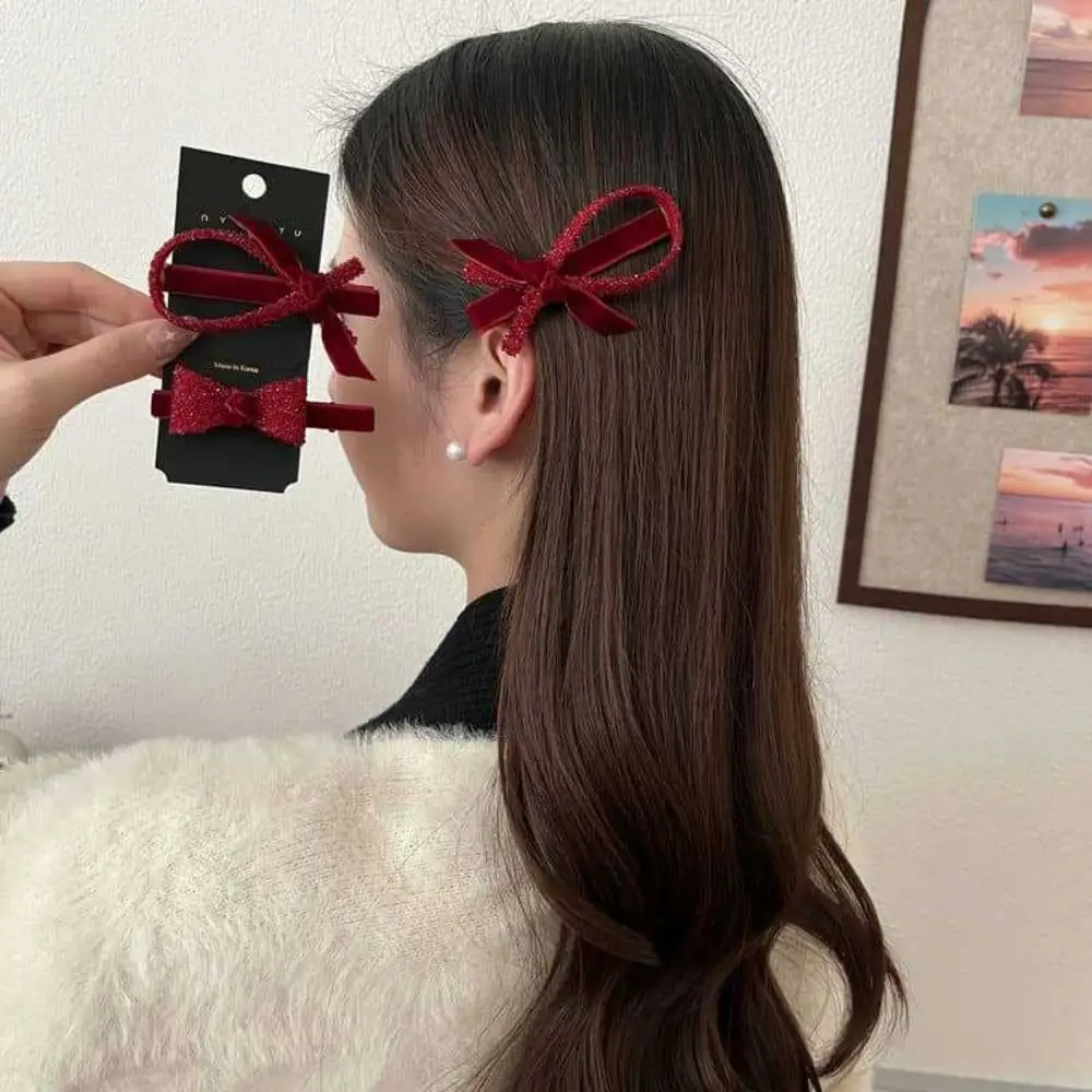 Korean Style Velvet Bow Hairpin Top Barrette Red Rhinestone Duck Bill Clip Headwear Hair Accessories Bangs Side Clip Party