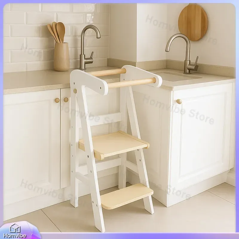 Wooden Learning Tower for Kids Foldable Step Stool Baby Kitchen Helper Chair Multifunctional Children Footstool Toddler