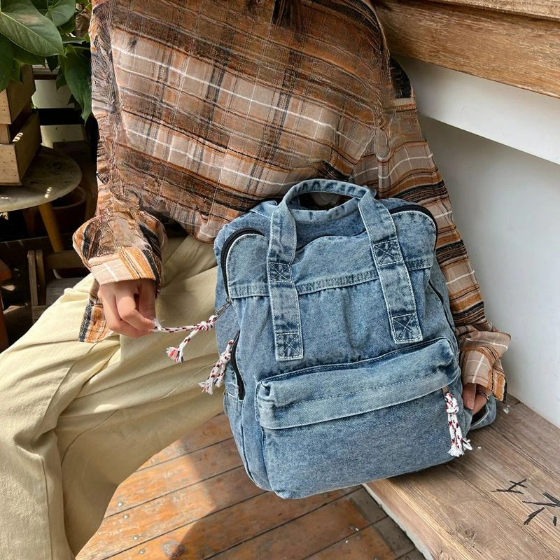 Miyagawa Backpack for Female Students Instagram Causal Large Capacity Denim Canvas Retro Travel School Backpacks Bag