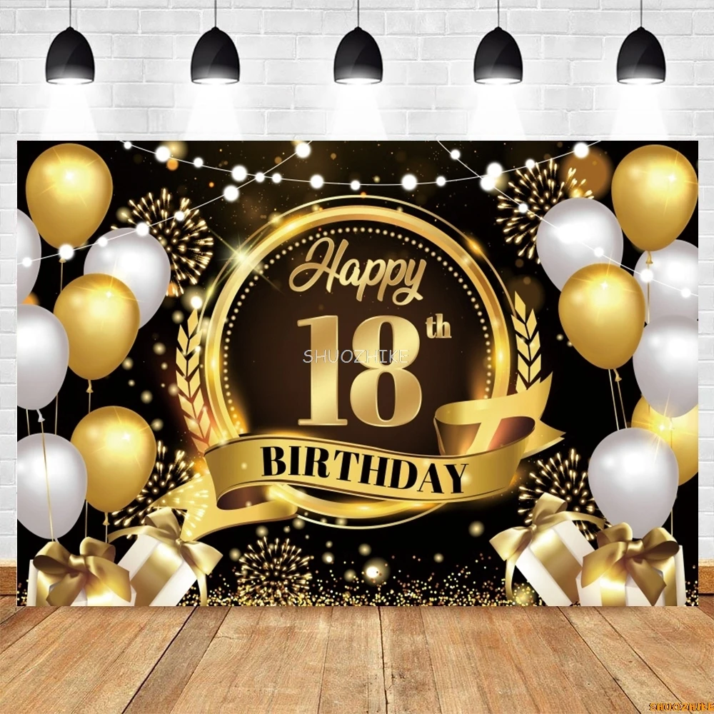 Happy 18th Birthday Backdrop Black Gold Pink Glitter Balloons 18 Years Old Party Customize Photography Background Decor Banner