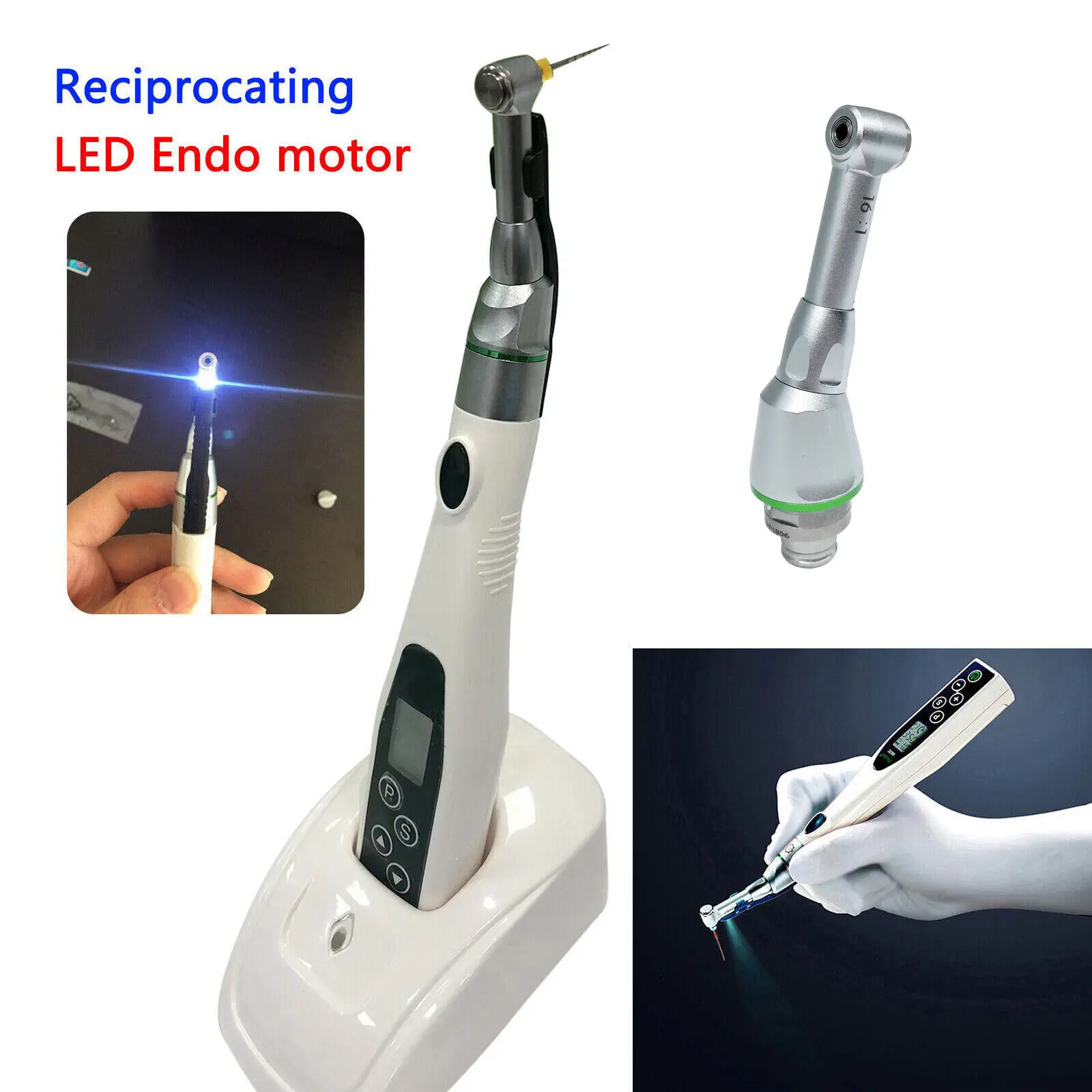 Dental Wireless Cordless LED Endo Motor 16:1 Contra Angle Endodontic Root Canal Treatment/6PCS Niti Rotary Files 21/25/31MM