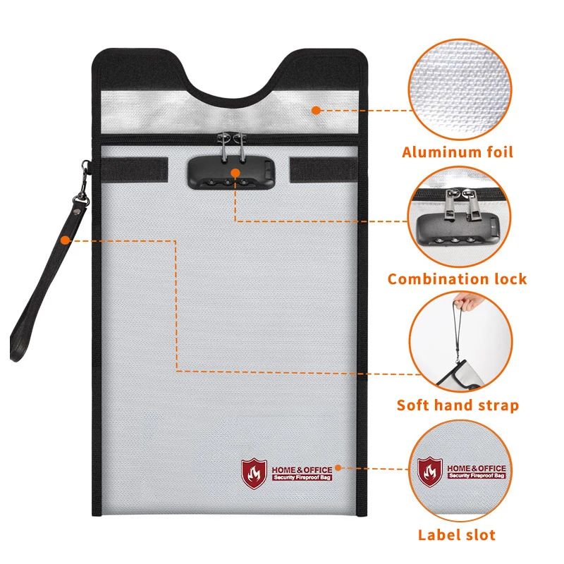 Fireproof Waterproof Document Bag With Zipper Combination Lock Anti-Theft Faraday Protection For Passport Money Electronics