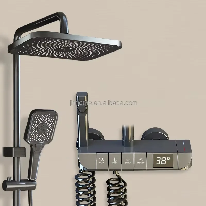 

Black Gun Gray Copper Piano Shower Faucet Set 4 Functions Rain Shower Kit, Bathroom Set, Shower System with Temperature Display