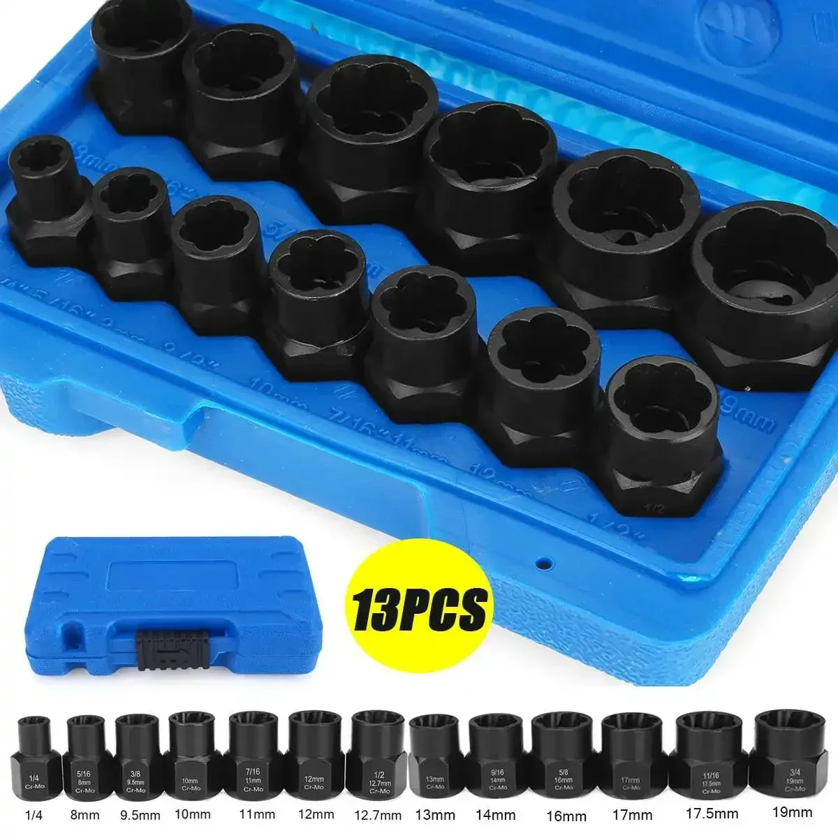 

13Pcs Impact Damaged Bolt Nut Screw Remover Extractor Socket Tool Kit Removal Set Bolt Nut Screw Removal Socket Wrench 3/8"