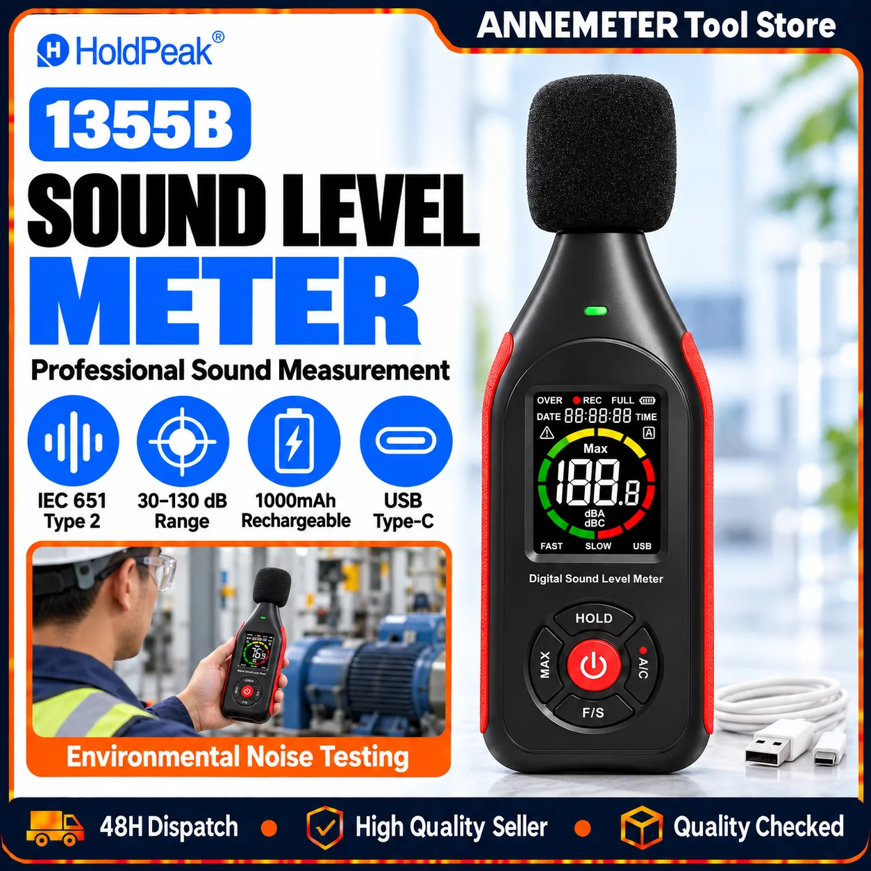 digital-sound-level-meter-decibel-meter-data-logger-30-130db-a-c-weighted-fast-slow-3-color-alarm-rechargeable-spl-tester
