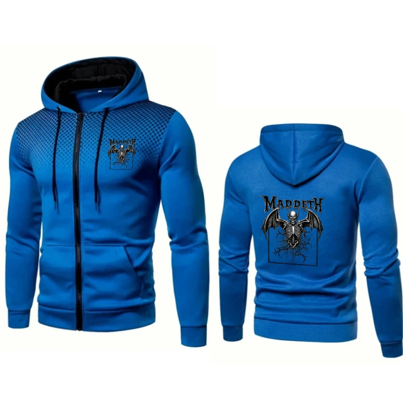 

Men's Hooded Jacket Blue Madbeth Dragon Skeleton Printed Zip-Up Sweatshirt for Casual Outdoor Wear