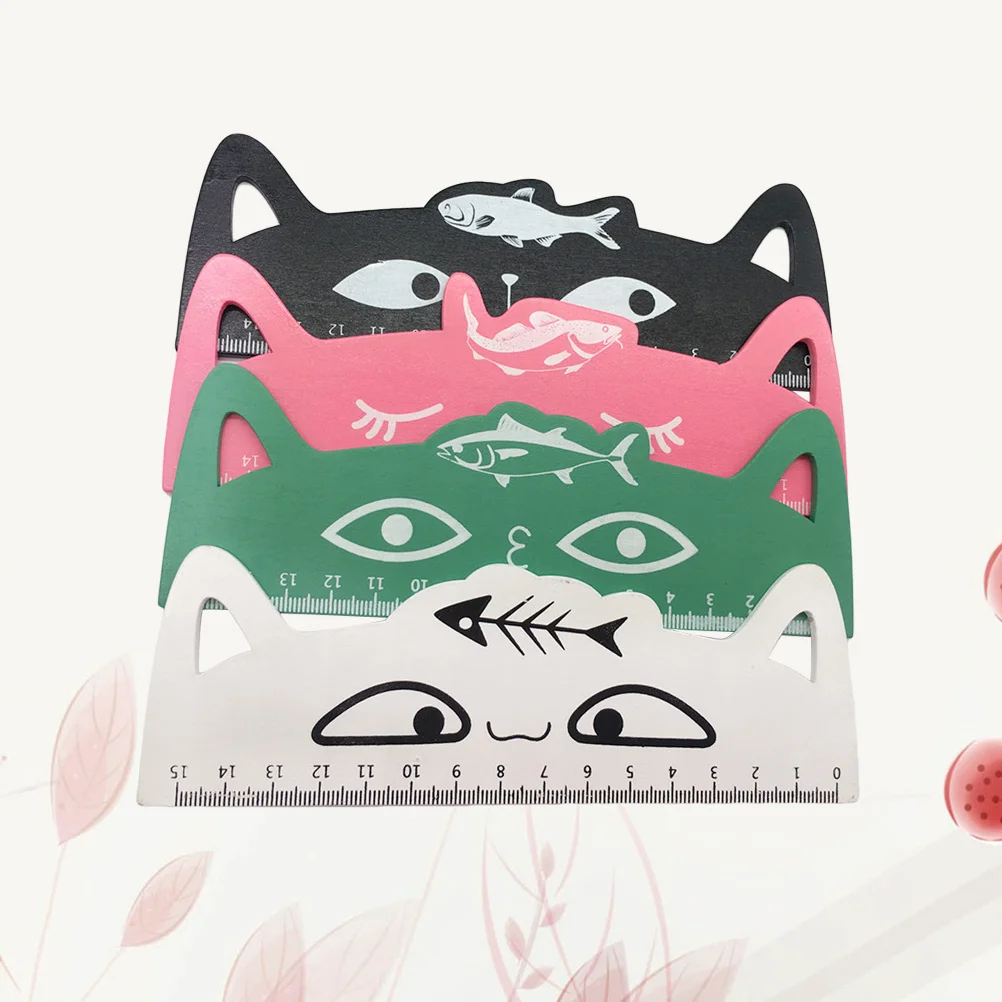 4Pcs Cat Shape Wooden Rulers 15cm Light Portable Clear Scale Measuring Tool for School Office Supplies Cartoon Fish Design