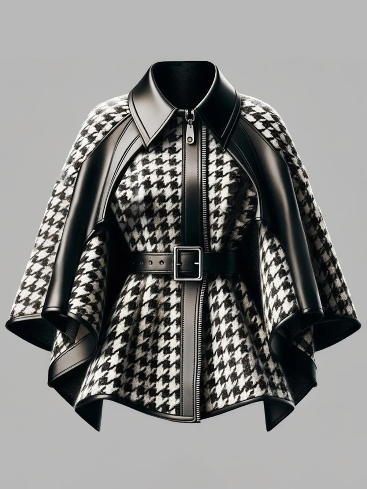 Women Houndstooth Irregular Cape Sleeve Zipper PU Leather Coats Laper Collar Fashion Jackets Vintage Female Chic Lady Tops 2025
