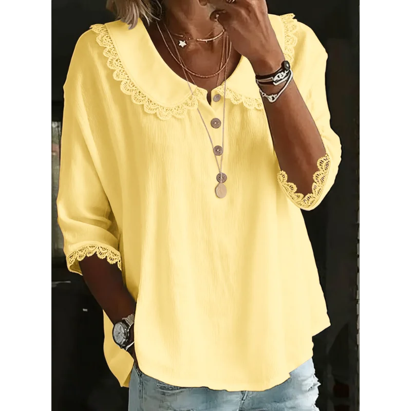 

Women's Lace Peter Pan Collar Blouse 3/4 Sleeve Button Loose Casual Shirt