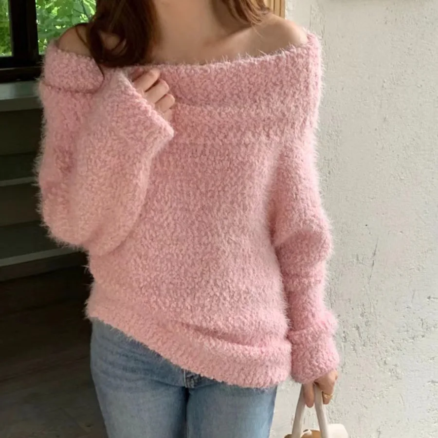 Korean Fashion Lazy Style Sexy Chic One-shoulder Pullover Sweater Autumn Winter Sweet Elegant Strapless Imitation Mink Kint Tops