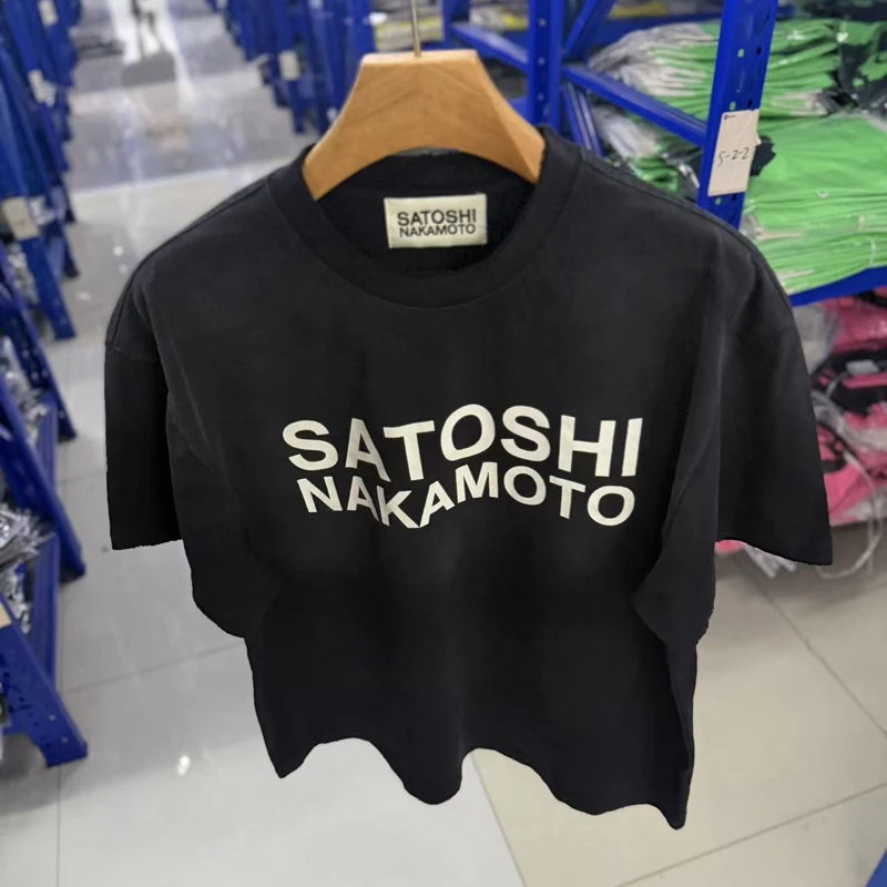 High Street Trend Brand Basic Letter Printed Round Neck Satoshi Nakamoto T-shirt Original Label High Quality Stock Short Sleeve