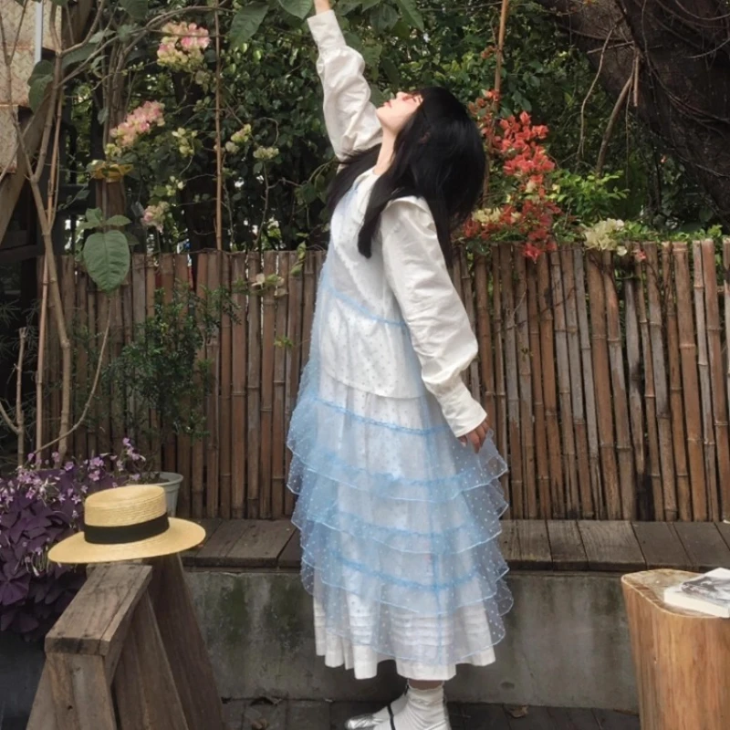 Japonês azul bordado bolinhas organza vestido feminino design original empilhado tule dupla camada plissado borda vestidos senhoras