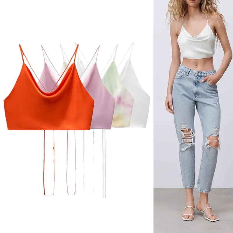MUJER-top corto de satén para mujer, camisola blanca, rosa y roja, Tops sexys con espalda descubierta y cuello Halter para mujer, camisola con tirantes, camiseta sin mangas 2025