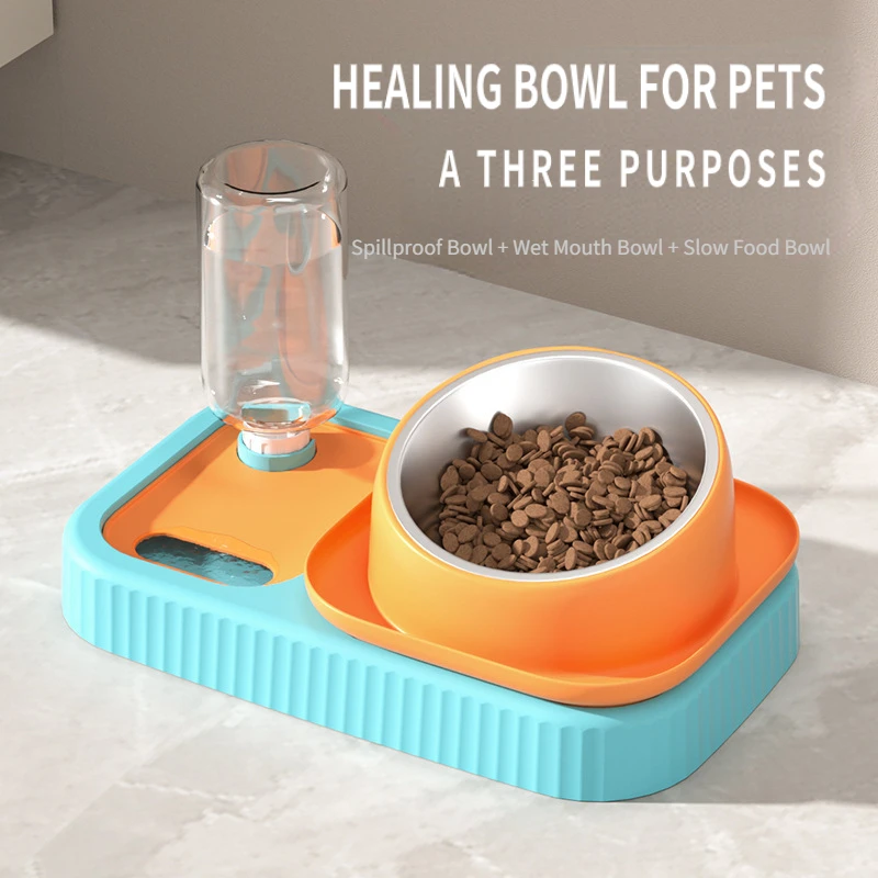 

Pet products Slow food bowl set double bowl protect cervical vertebra prevent upset automatic drinking water for cats and dogs