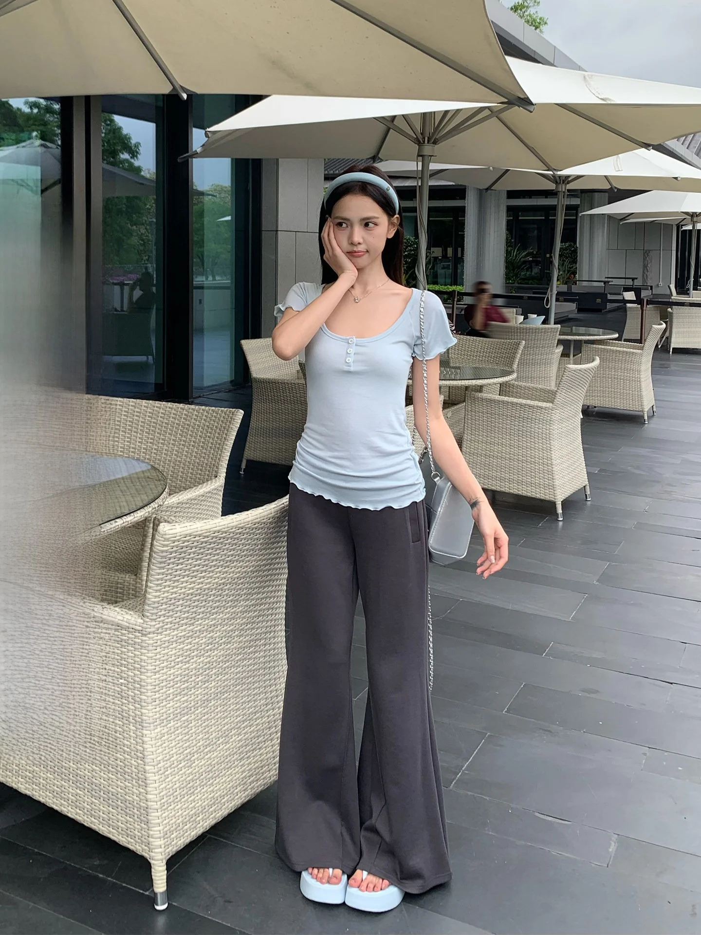 

Gray Micro-flared Casual Pants Women's Summer New Loose High-waist Drapey Straight-leg Wide-leg Pants Commute Style Korean Fa...