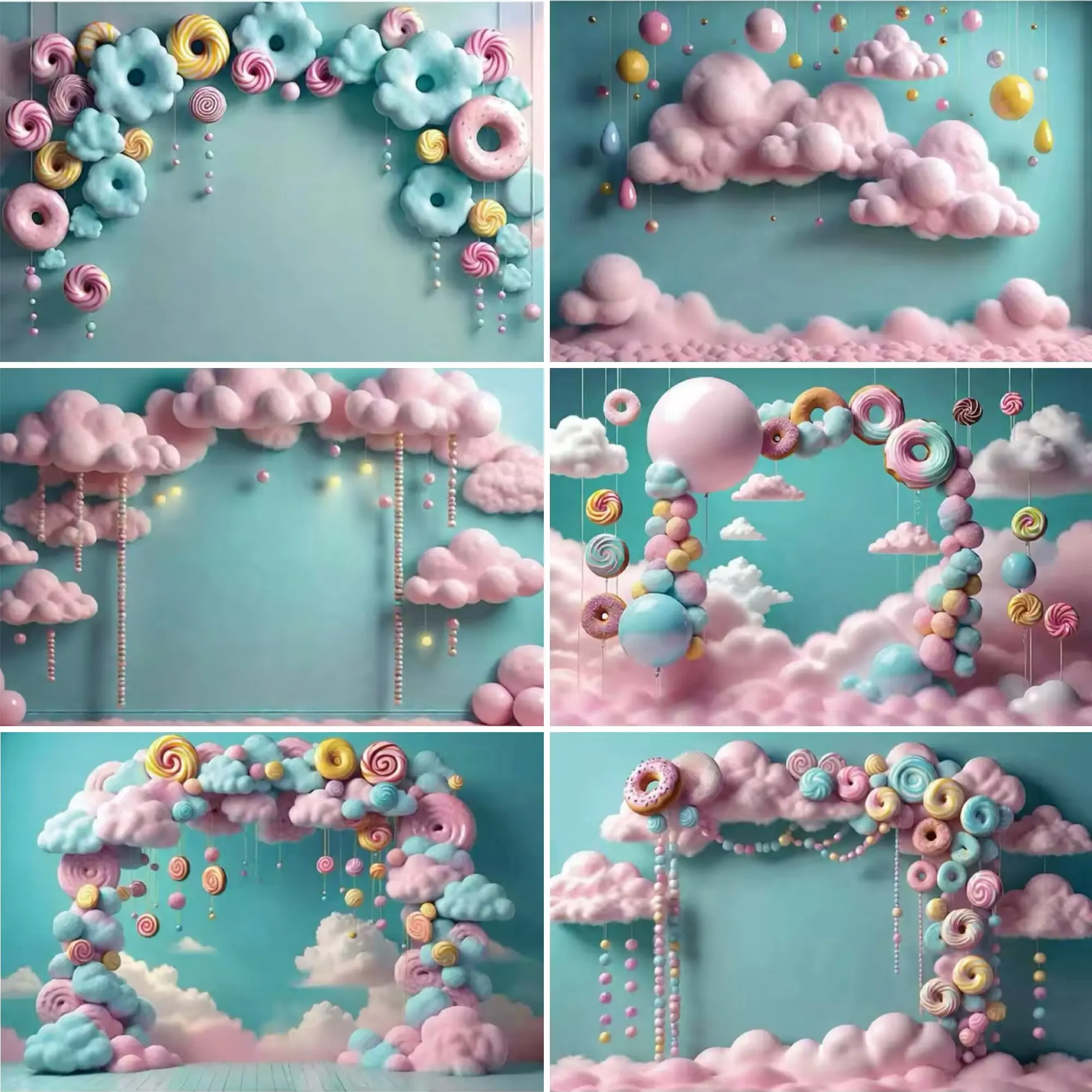 

Halo Fairy candy cloud theme birthday background donut marshmallow sky background Family decoration poster photography props