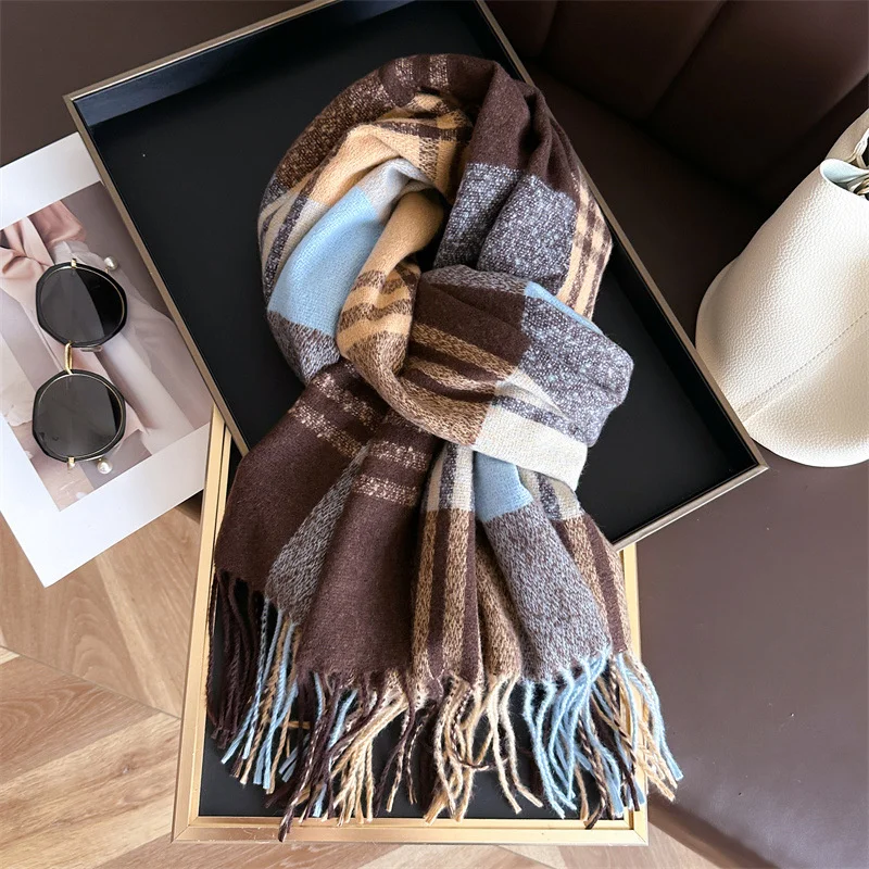 Imitation Cashmere Gradient Plaid Warm Shawl Winter Fashion Versatile Tassel Women Scarf Pashmina Wrap Neckerchief